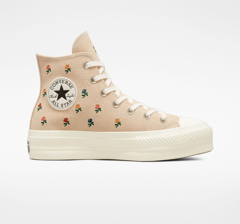 Beige Farro / Egret / Midnight Clover Converse Chuck Taylor All Star Lift Platform Embroidered Roses Women's High Tops US | 84259-HWPN