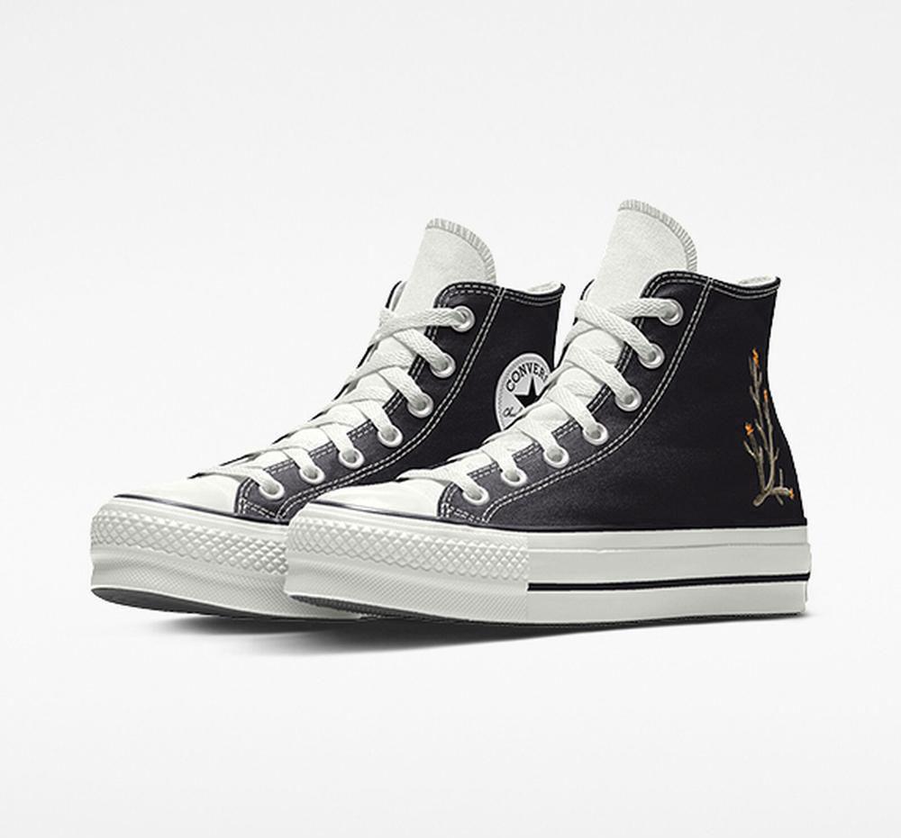 Black Converse Custom Chuck Taylor All Star Lift Platform Embroidery By You Unisex Women's High Tops US | 38916-GFUQ