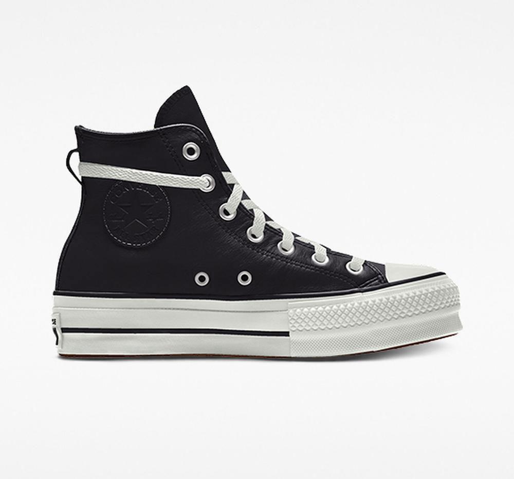 Black Converse Custom Chuck Taylor All Star Lift Leather By You Unisex High Top Women's Platform Shoes US | 78143-VDLT