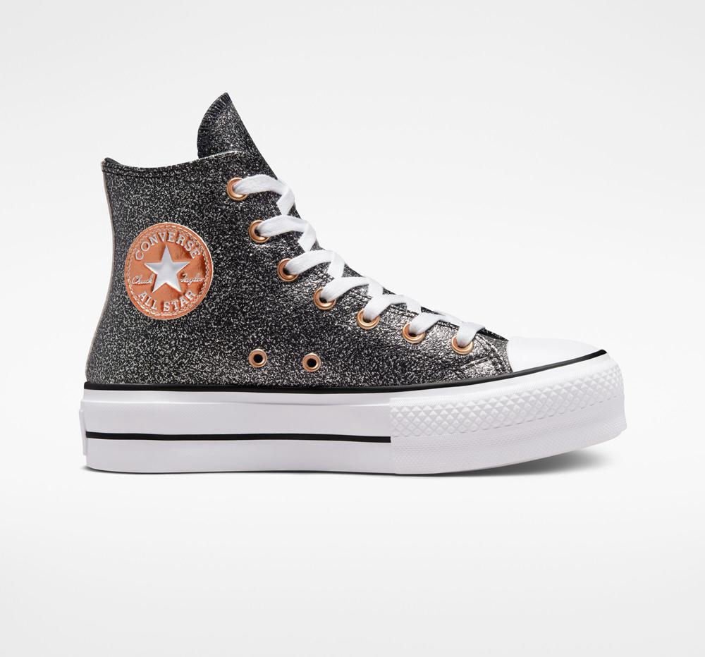 Black / Copper / White Converse Chuck Taylor All Star Lift Platform Metallic Glitter Women's High Tops US | 53947-KJVQ