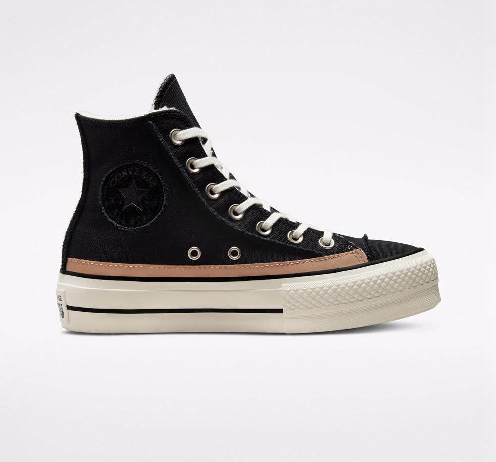 Black / Egret / Champagne Tan Converse Chuck Taylor All Star Lift Raw Edge High Top Women's Platform Shoes US | 63750-YKFJ