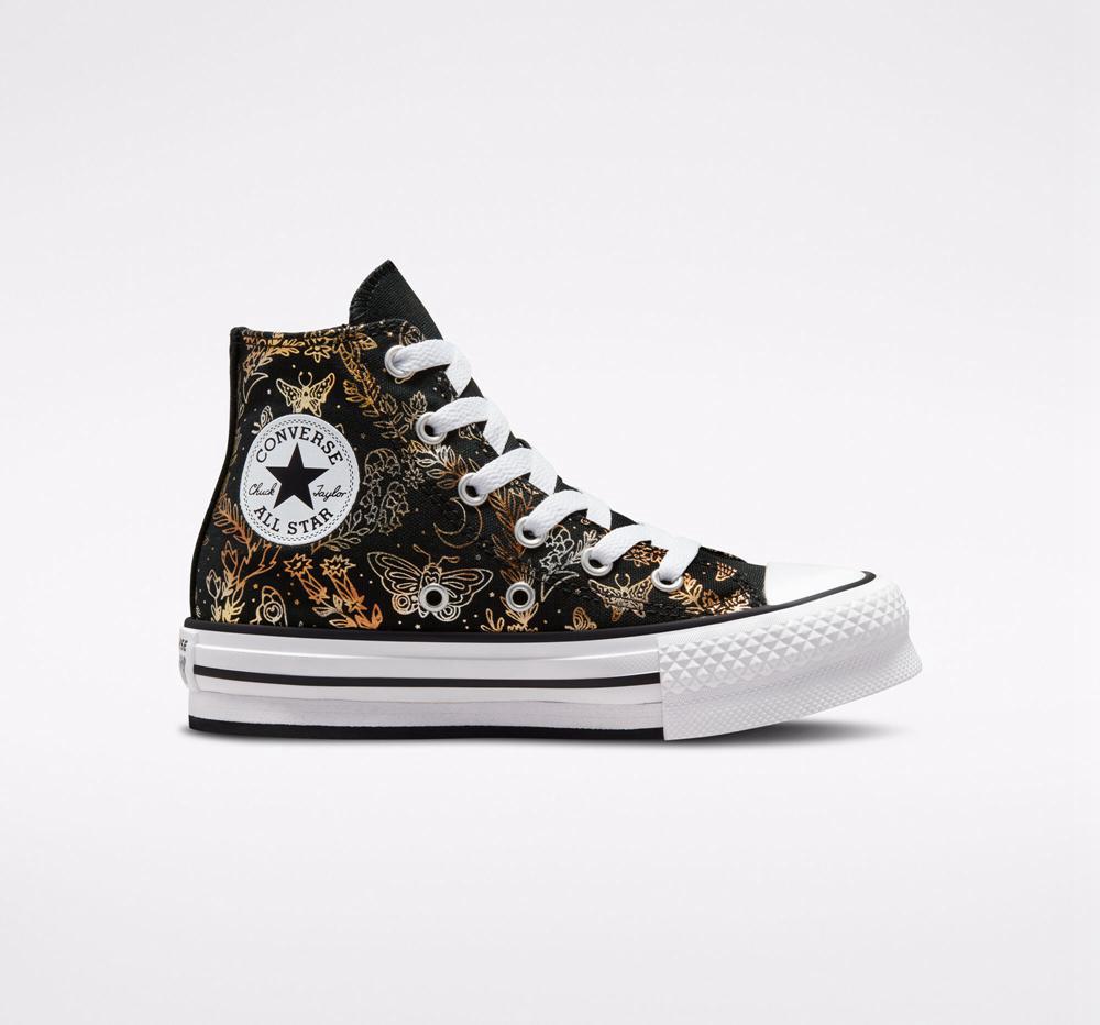 Black / Gold / White Converse Chuck Taylor All Star Eva Lift Platform Butterfly Shine Little Kids Girls' High Tops US | 39841-TVLQ