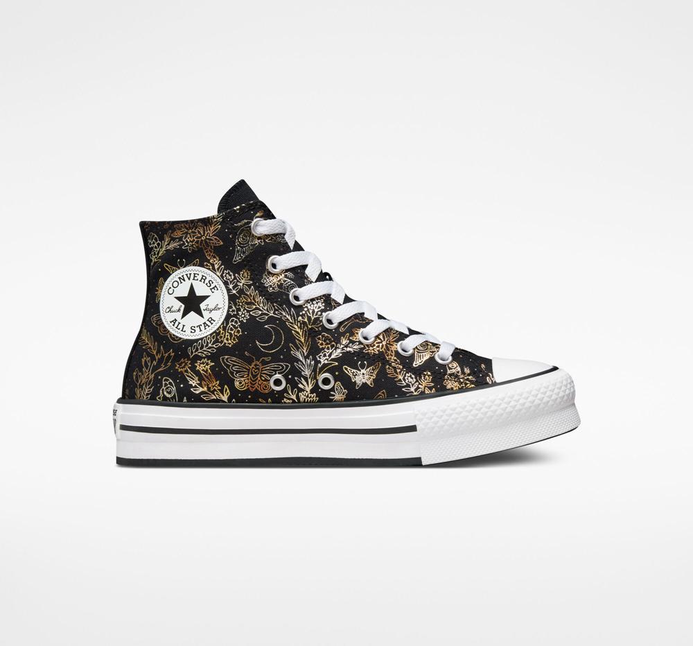 Black / Gold / White Converse Chuck Taylor All Star Eva Lift Platform Butterfly Shine Big Kids Girls' High Tops US | 49721-FEDC