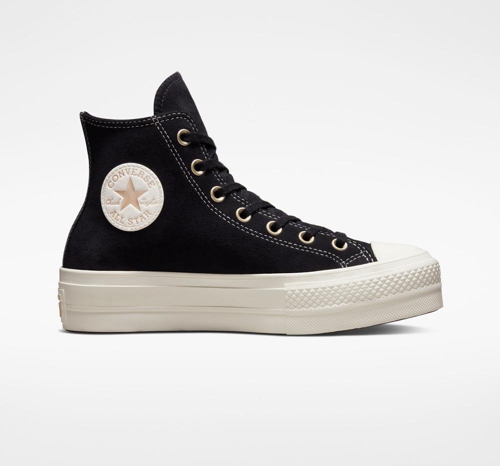 Black / Light Gold / Egret Converse Chuck Taylor All Star Lift Platform Suede Studs Women's High Tops US | 07462-AYBQ