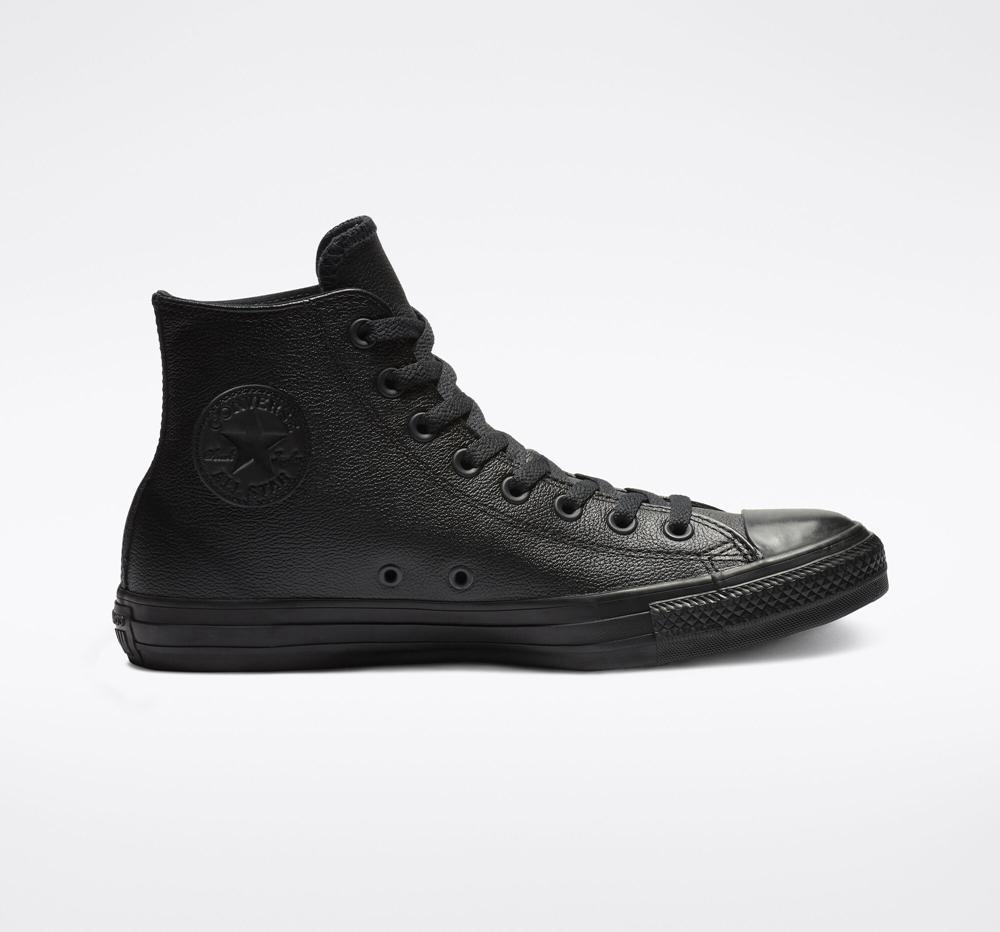 Black Mono Converse Chuck Taylor All Star Leather Unisex Men's High Tops US | 15296-AZLI