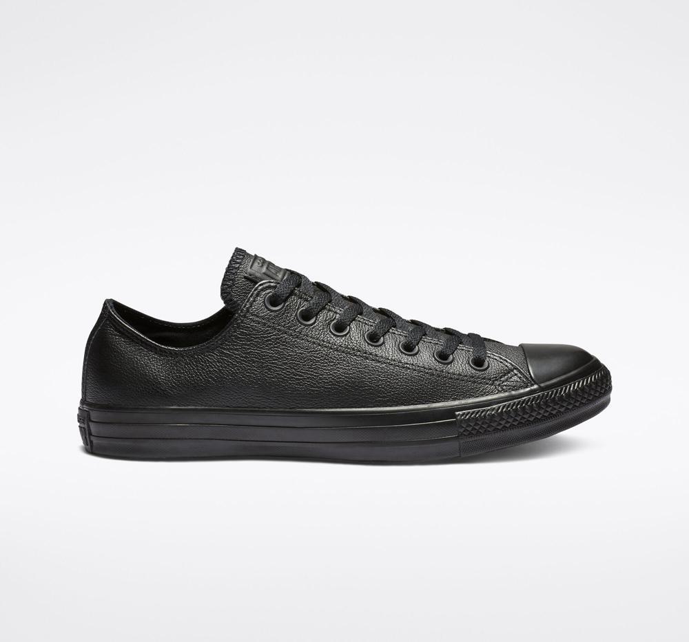 Black Mono Converse Chuck Taylor All Star Leather Unisex Men's Low Tops US | 68543-HLTO