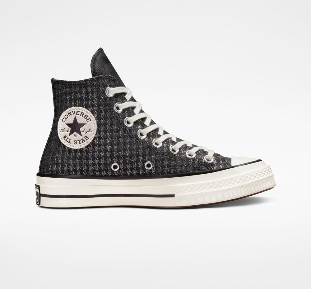 Black / Pure Silver / Egret Converse Chuck 70 Houndstooth Shine Women's High Tops US | 54207-AYBF