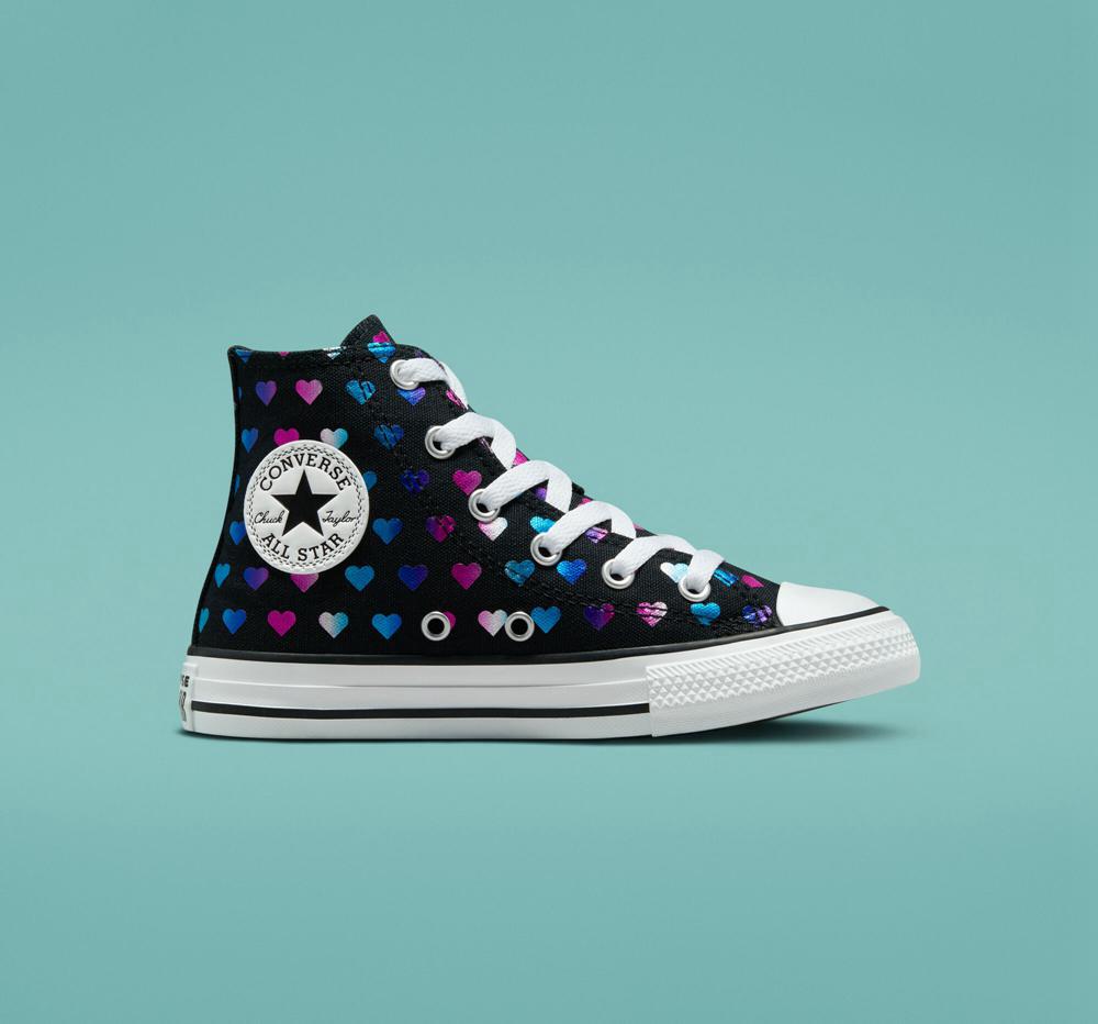 Black / White / Pink Converse Chuck Taylor All Star Foil Hearts Little Kids Girls' High Tops US | 82510-NWKL