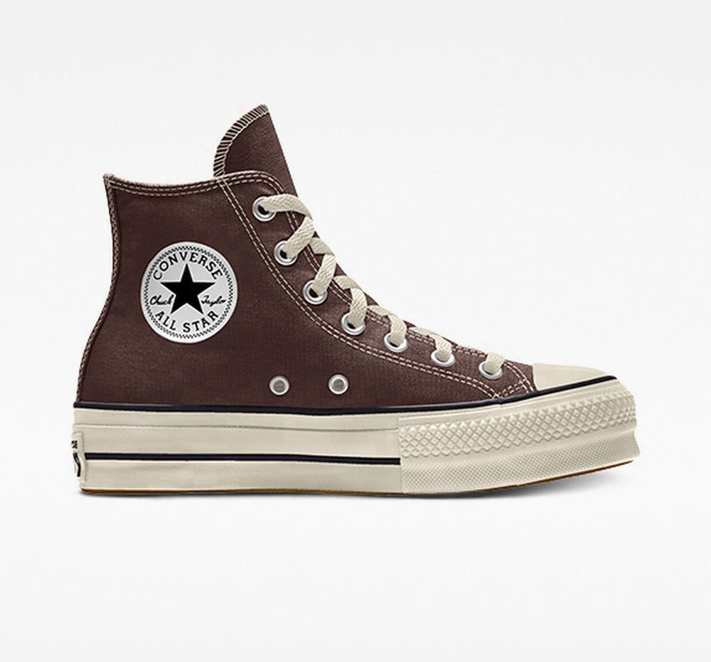 Brown Darkroot Converse Custom Chuck Taylor All Star Lift Canvas By You Unisex High Top Women's Platform Shoes US | 87423-CJUG