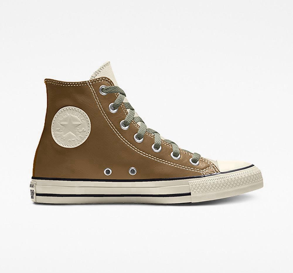 Brown Sand Dune Converse Custom Chuck Taylor All Star Leather By You Unisex Men's High Tops US | 46581-MOTU