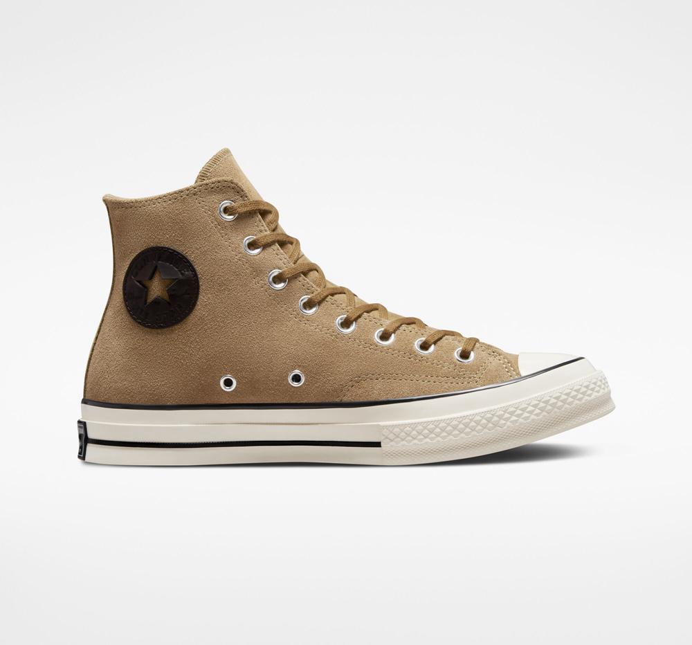 Brown Sand Dune / Egret / Black Converse Chuck 70 Suede Unisex Men's High Tops US | 53647-IFUJ