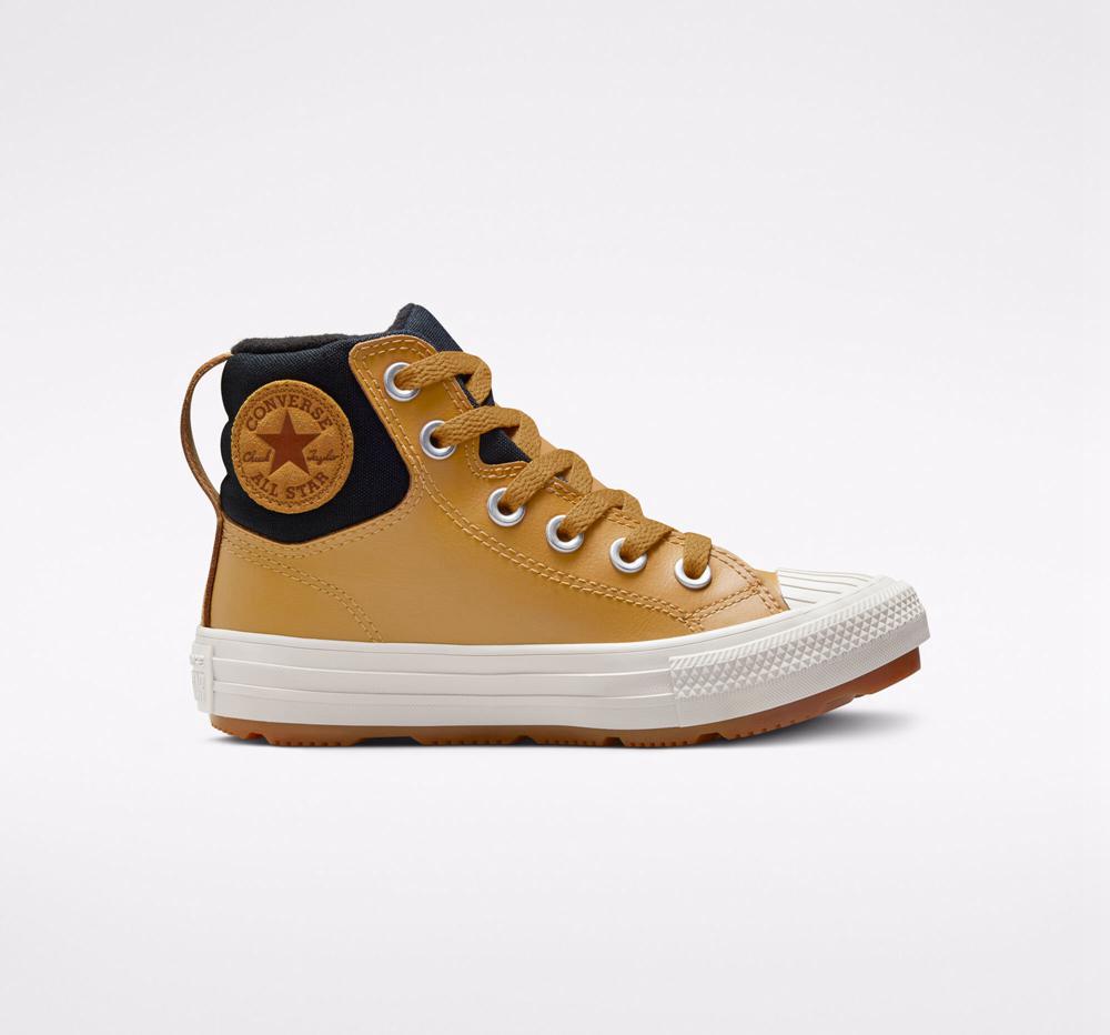 Brown Wheat / Black / Pale Putty Converse Leather Chuck Taylor All Star Berkshire Boot Color Little Kids Girls' High Tops US | 46235-DVHL