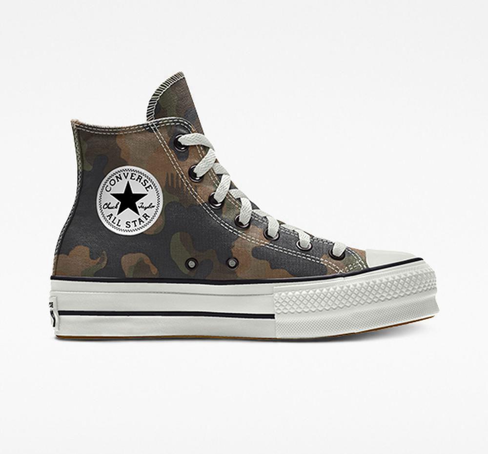 Camo Converse Custom Chuck Taylor All Star Lift Canvas By You Unisex High Top Women's Platform Shoes US | 09587-HVKT