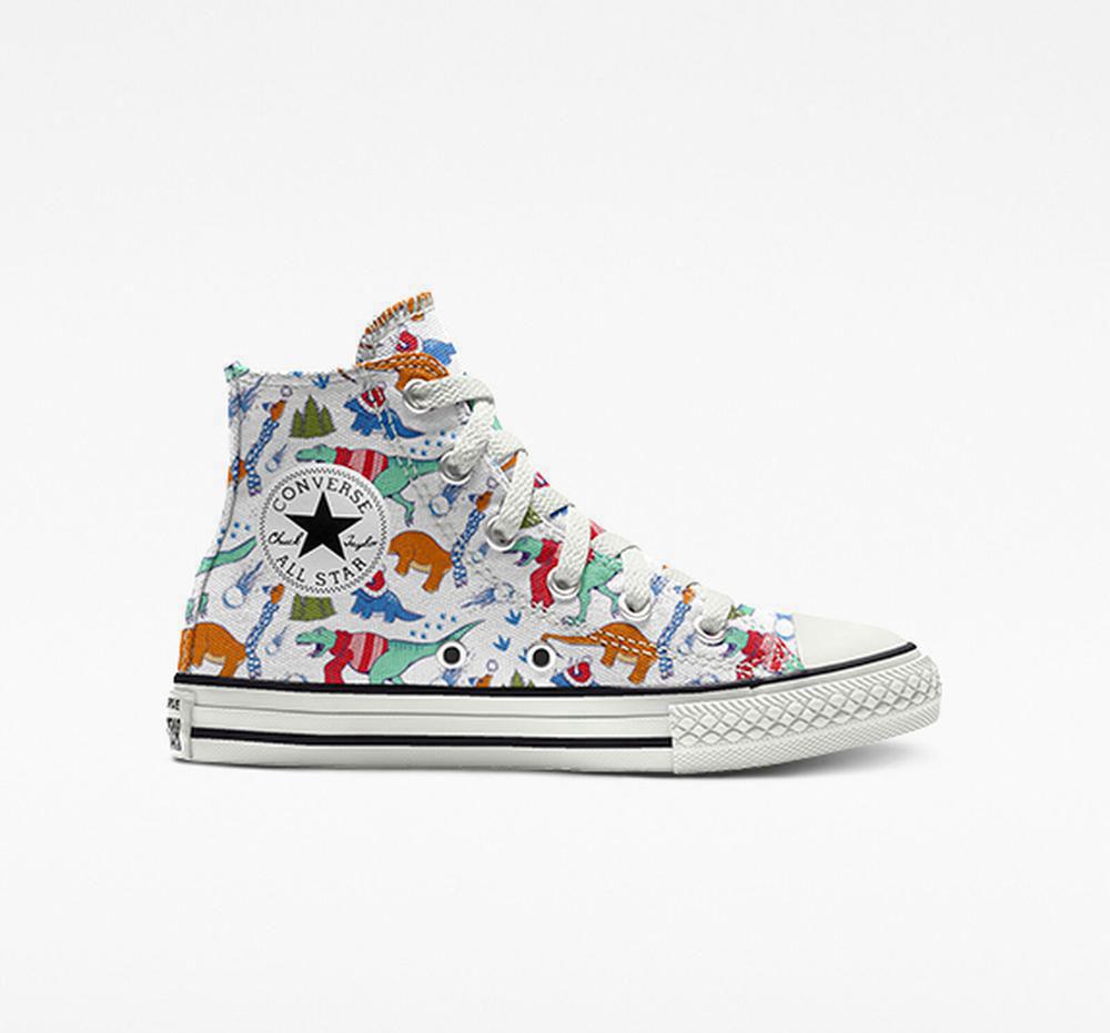 Dinosaur Snowpocalypse Multicolor Converse Custom Chuck Taylor All Star By You Little Kids Girls' High Tops US | 25134-PTWL