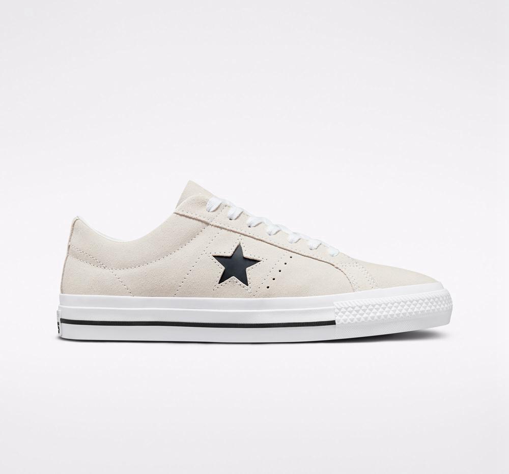 Egret / White / Black Converse Cons One Star Pro Suede Skate Men's Low Tops US | 76298-ZUVM