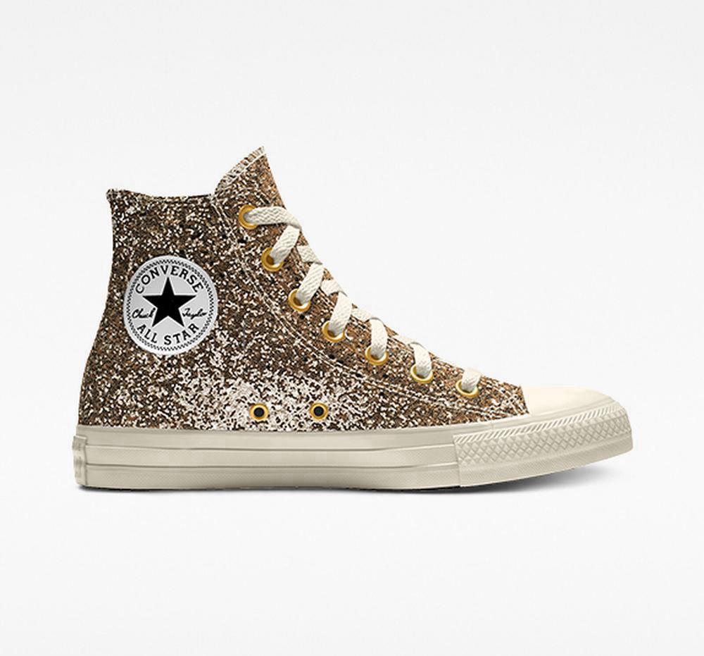 Gold Converse Custom Chuck Taylor All Star Glitter By You Unisex Women's High Tops US | 89567-JDSC