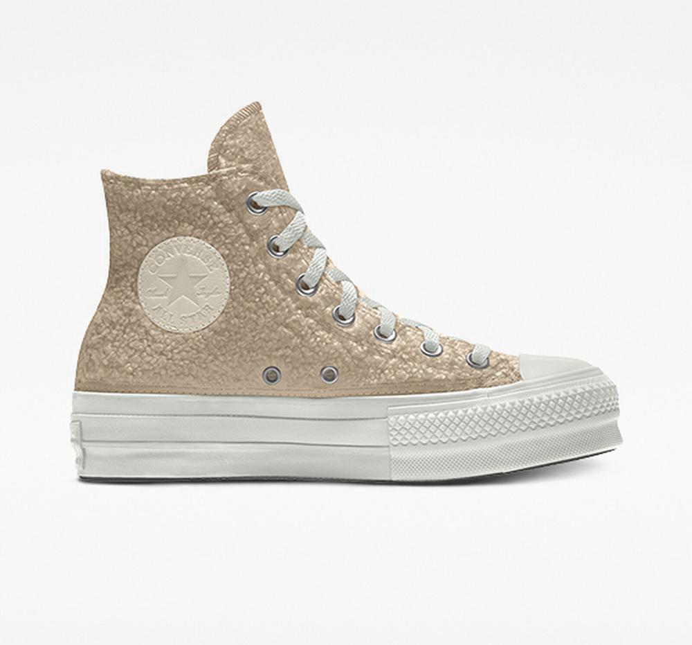 Gold Farro Converse Custom Sherpa Chuck Taylor All Star By You Unisex High Top Women's Platform Shoes US | 16579-NDST