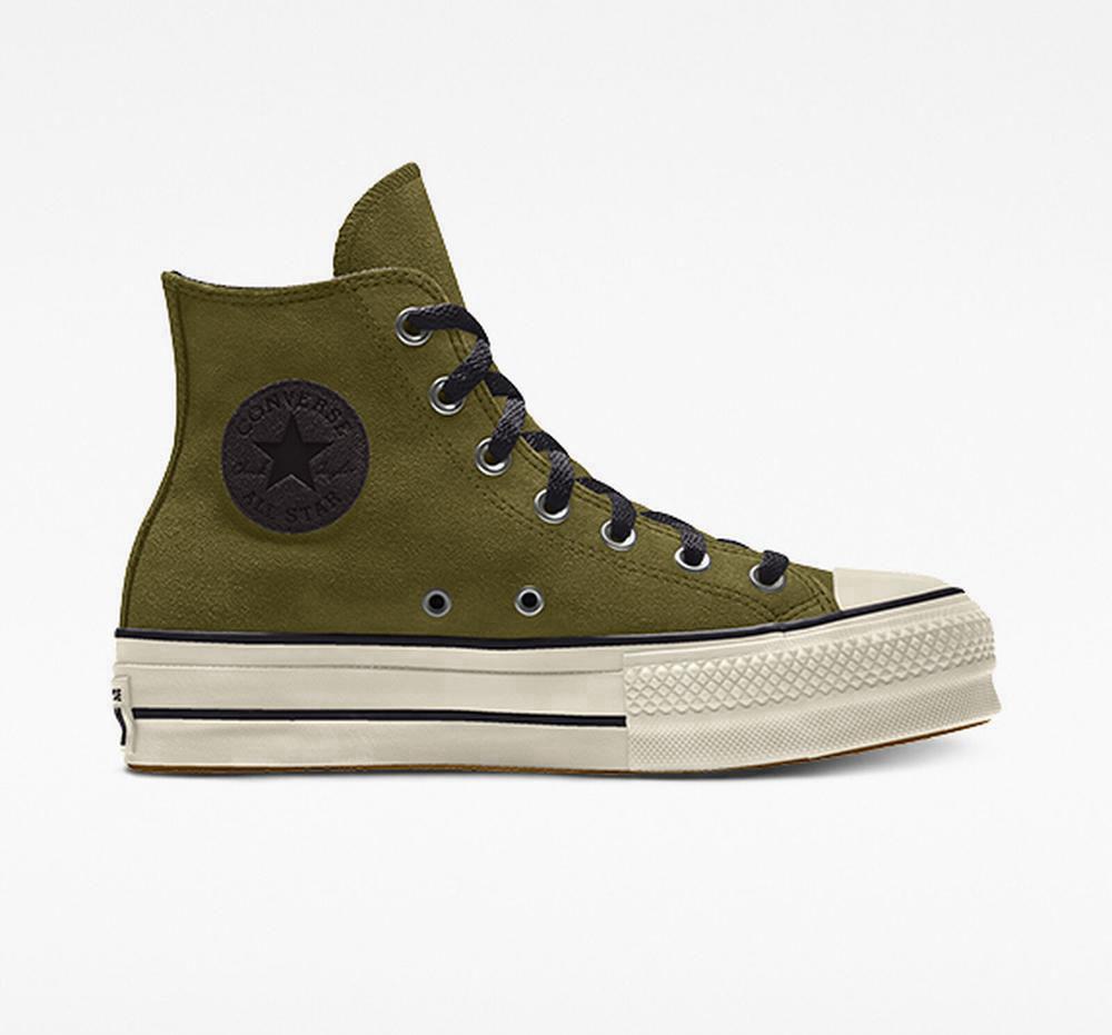 Green Dark Moss Converse Custom Chuck Taylor All Star Lift Suede By You Unisex High Top Women's Platform Shoes US | 63285-SRFU