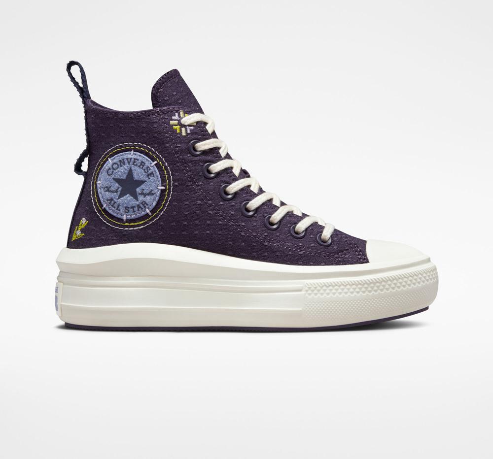 Green Dark Raisin / Slate Lilac Converse Chuck Taylor All Star Move Platform Autumn Embroidery Women's High Tops US | 12489-FOWA