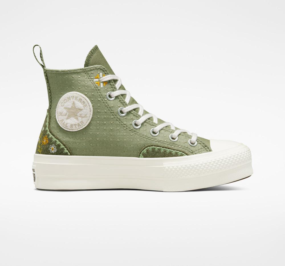 Green Light Field Surplus / Utility Converse Chuck Taylor All Star Lift Platform Autumn Embroidery Women's High Tops US | 69740-VWEC