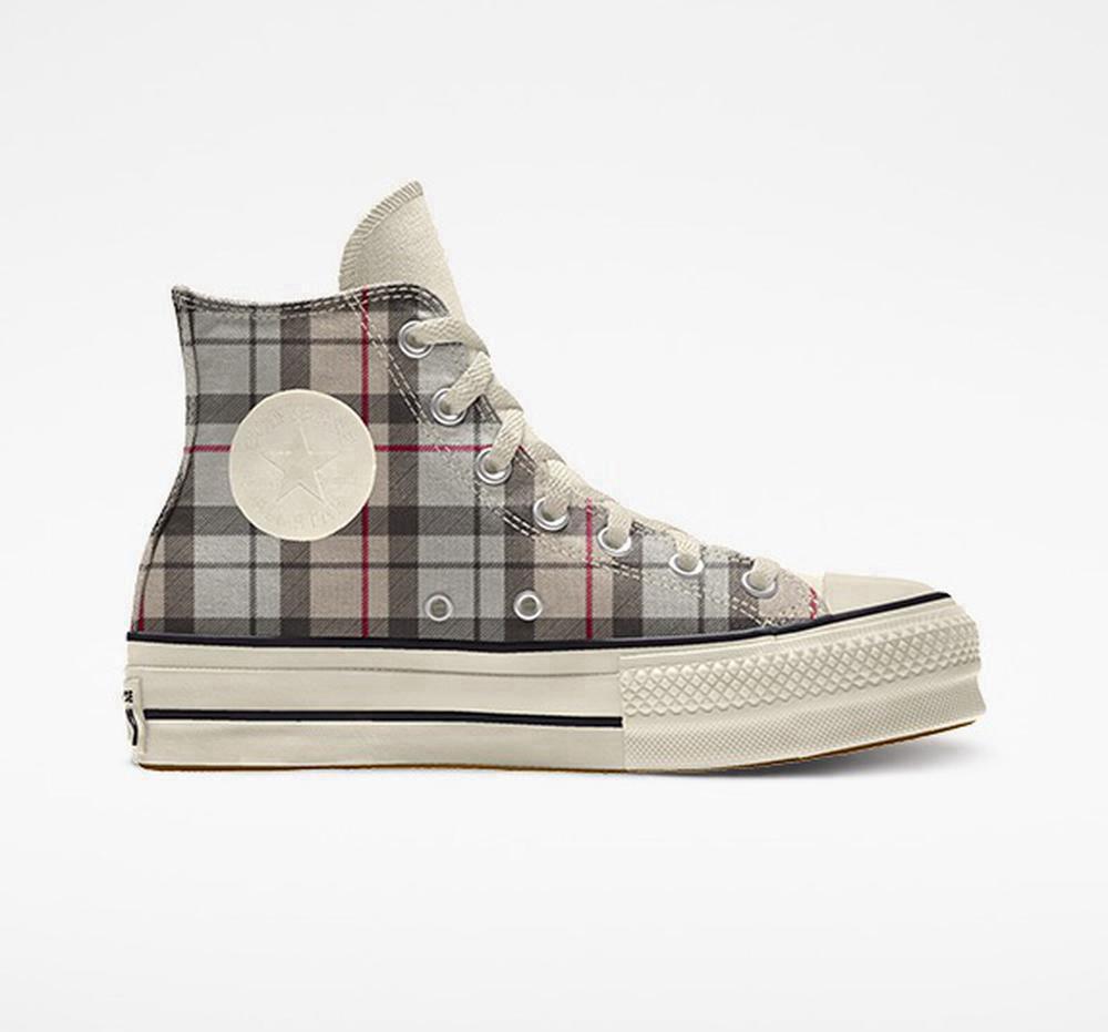 Grey Winter Plaid Converse Custom Chuck Taylor All Star Lift Canvas By You Unisex High Top Women's Platform Shoes US | 36751-XJZQ