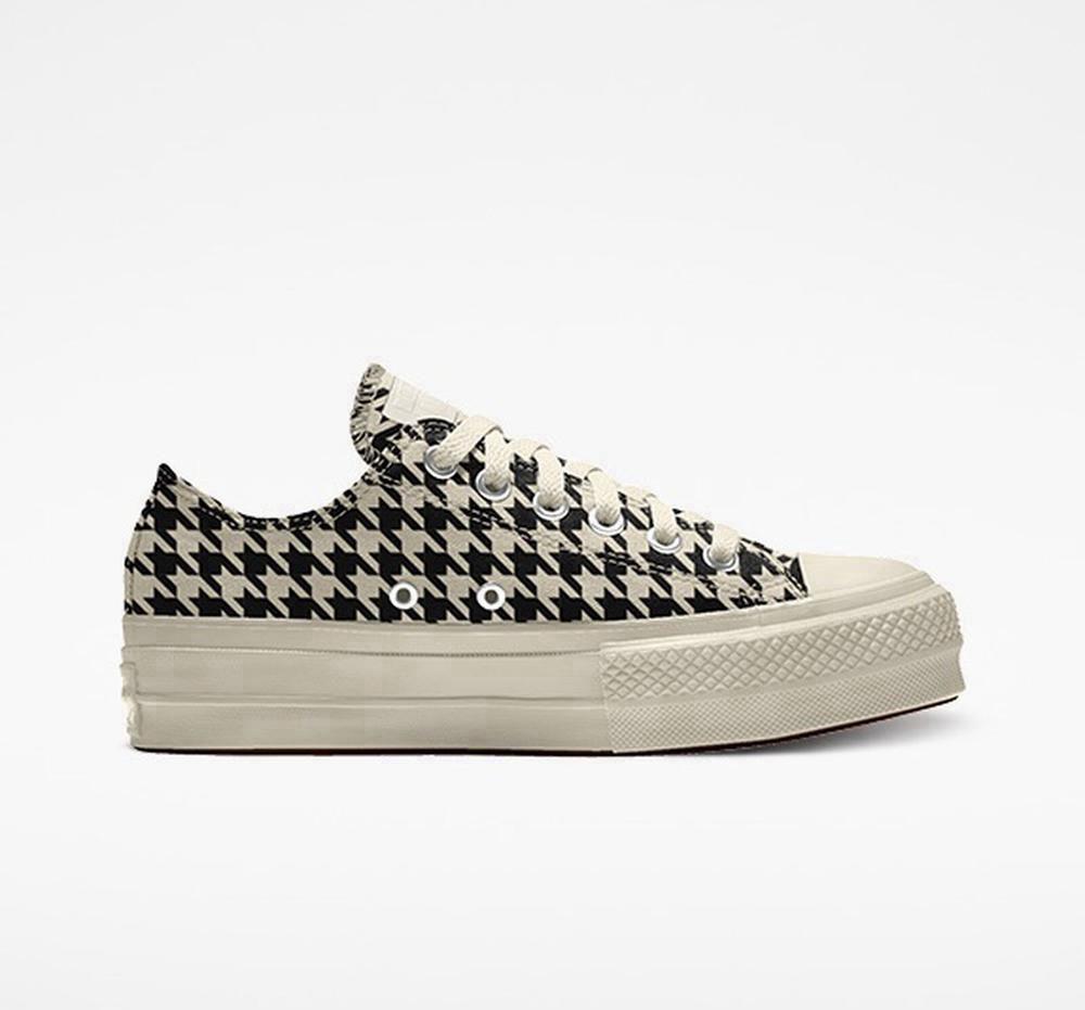 Hounds Tooth Black / Beige Converse Custom Chuck Taylor All Star Lift Canvas By You Unisex Low Top Women's Platform Shoes US | 03528-UDAG