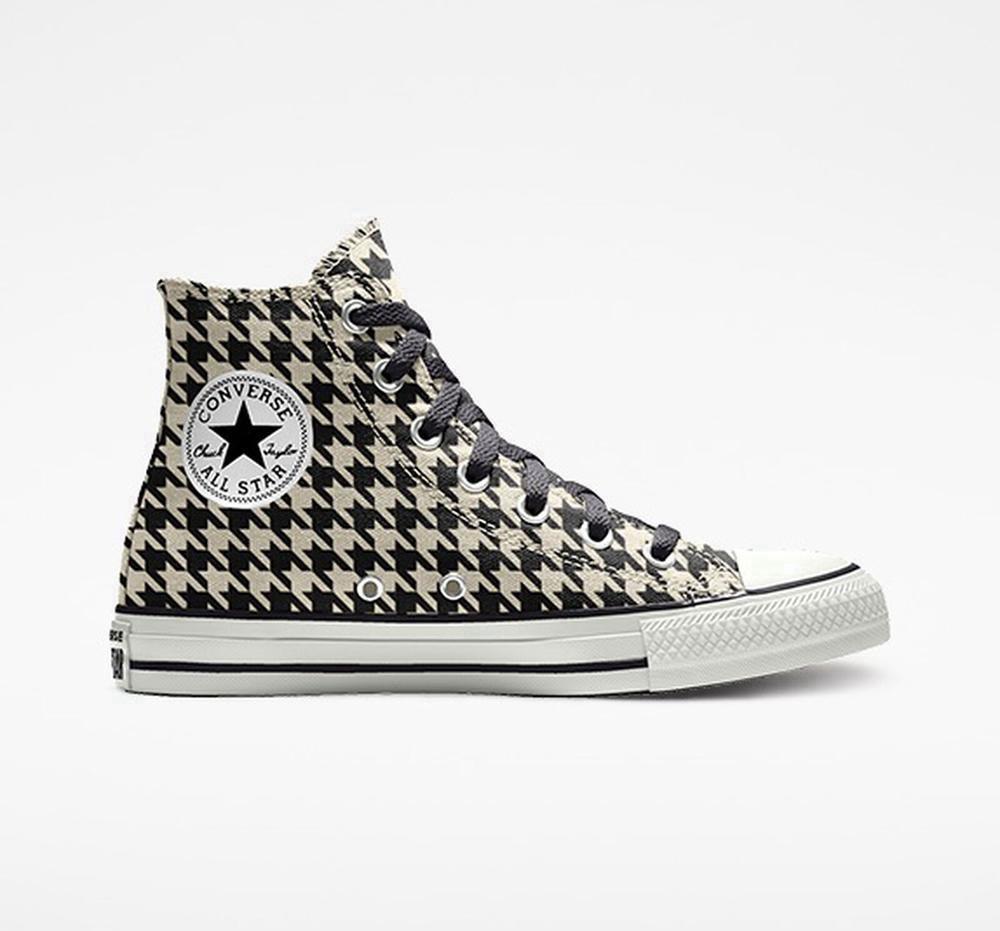 Hounds Tooth Black / Beige Converse Custom Chuck Taylor All Star By You Unisex Men's High Tops US | 09568-WYLP