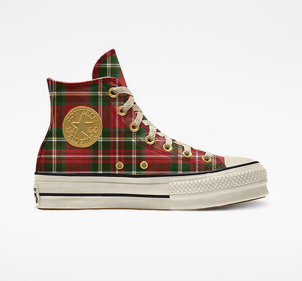 Multicolor Holiday Plaid Converse Custom Chuck Taylor All Star Lift Canvas By You Unisex High Top Women's Platform Shoes US | 32609-EFPB