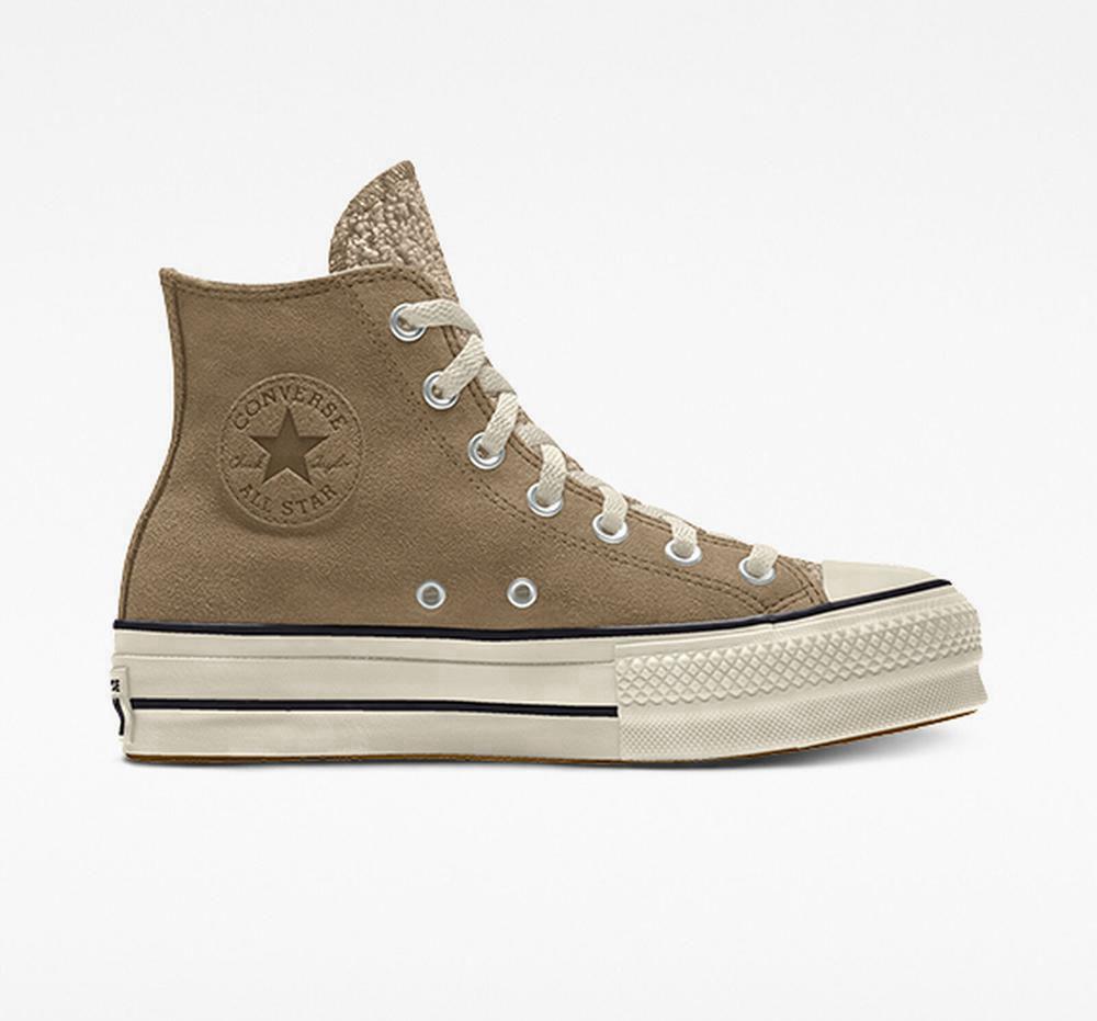 Nomad Khaki Converse Custom Chuck Taylor All Star Lift Suede By You Unisex High Top Women's Platform Shoes US | 87602-PDRG