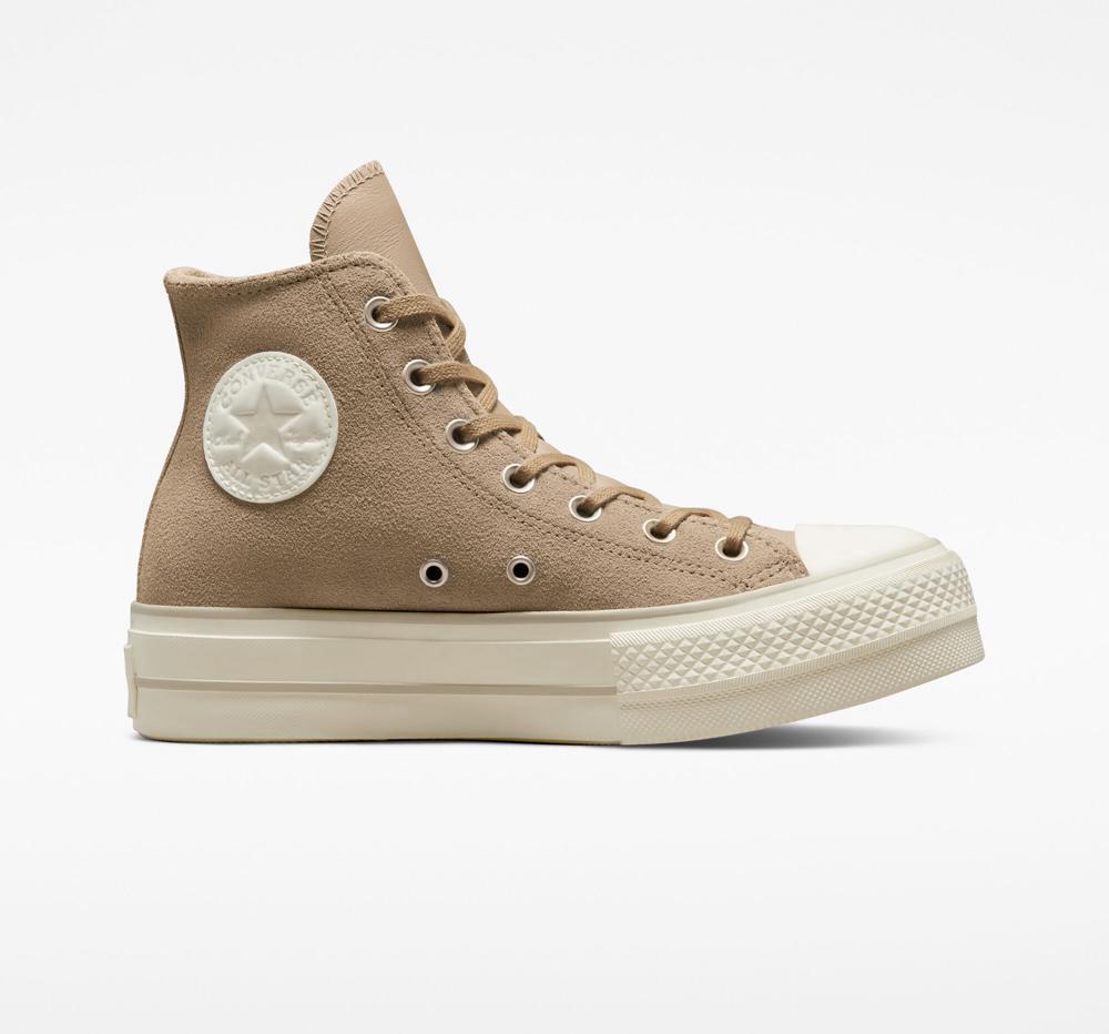 Nomad Khaki / Desert Sand / Egret Converse Chuck Taylor All Star Lift Platform Suede Women's High Tops US | 51263-GOAS