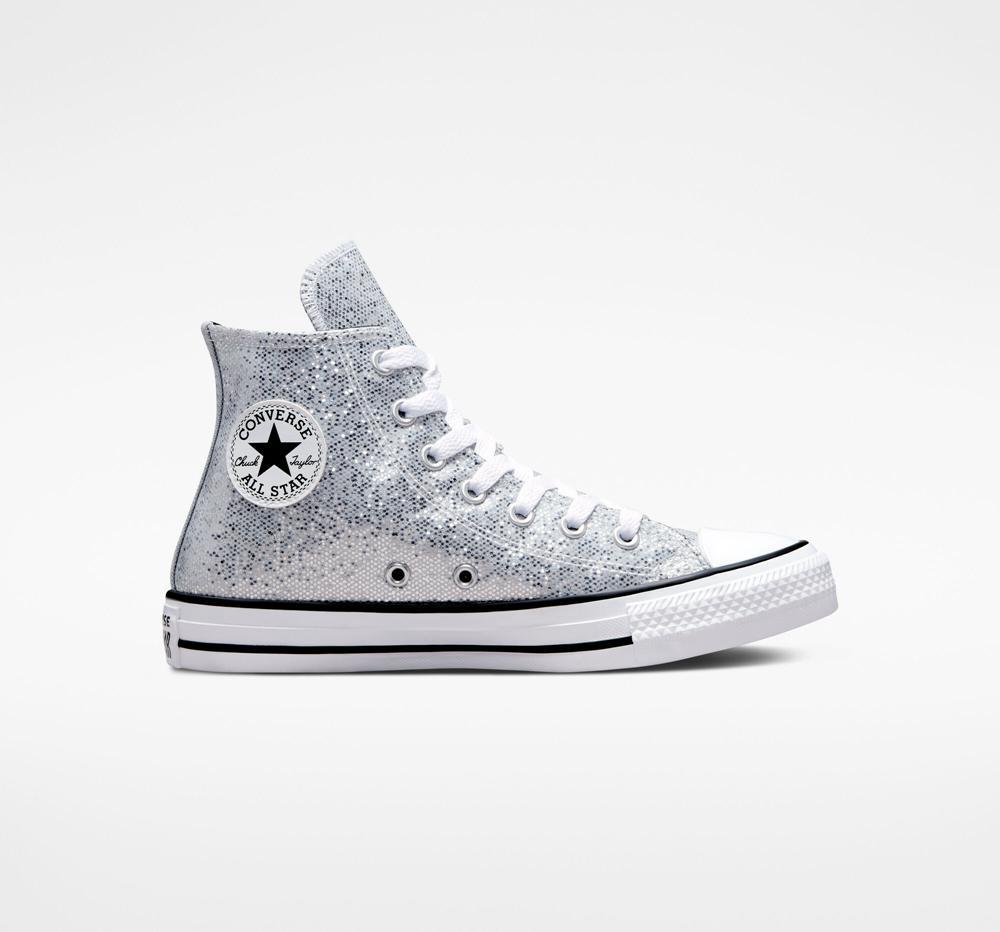 Silver / Ash Stone / Black Converse Chuck Taylor All Star Glitter Big Kids Girls' High Tops US | 84135-NTYR