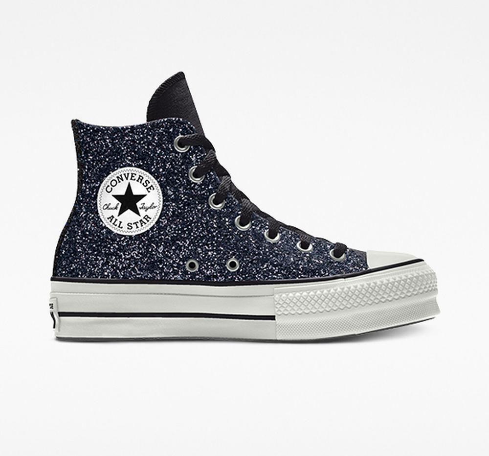 Silver Converse Custom Chuck Taylor All Star Lift Glitter By You High Top Women's Platform Shoes US | 10364-OEMW