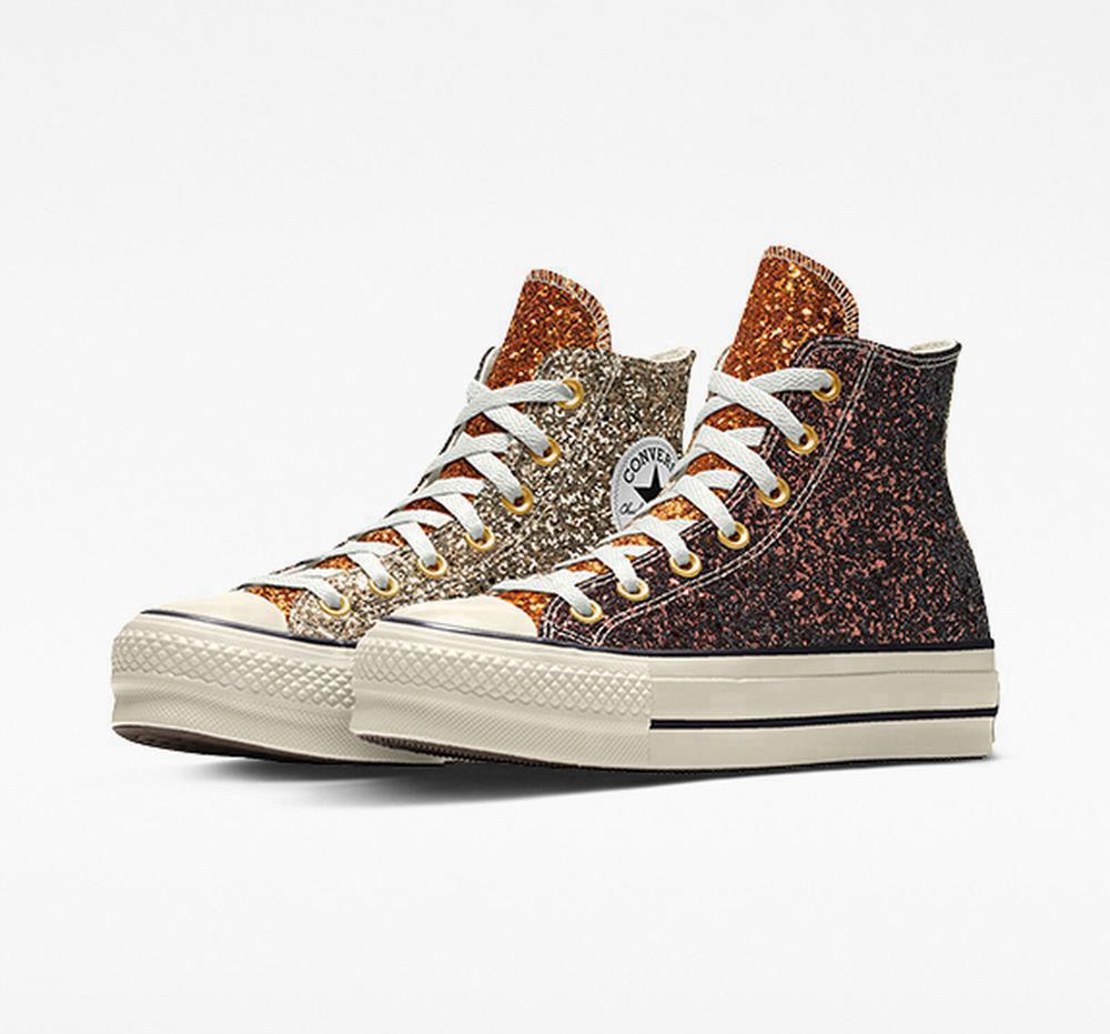 Tripanel Brown Converse Custom Chuck Taylor All Star Lift Glitter By You High Top Women's Platform Shoes US | 30675-DECQ