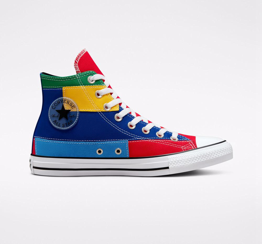 University Red / Rush Blue Converse Chuck Taylor All Star Patchwork Unisex Women's High Tops US | 62903-ESDO