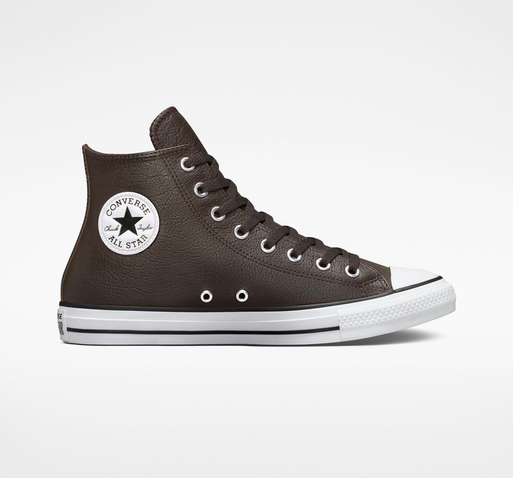 Velvet Brown / White / Black Converse Chuck Taylor All Star Tumbled Leather Unisex Women's High Tops US | 05712-RUGY