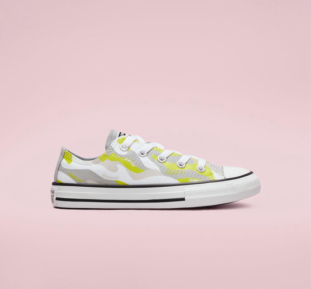 White / Ash Stone / Lime Twist Converse Hybrid Camo Chuck Taylor All Star Little Kids Boys' Low Tops US | 18973-SIJW