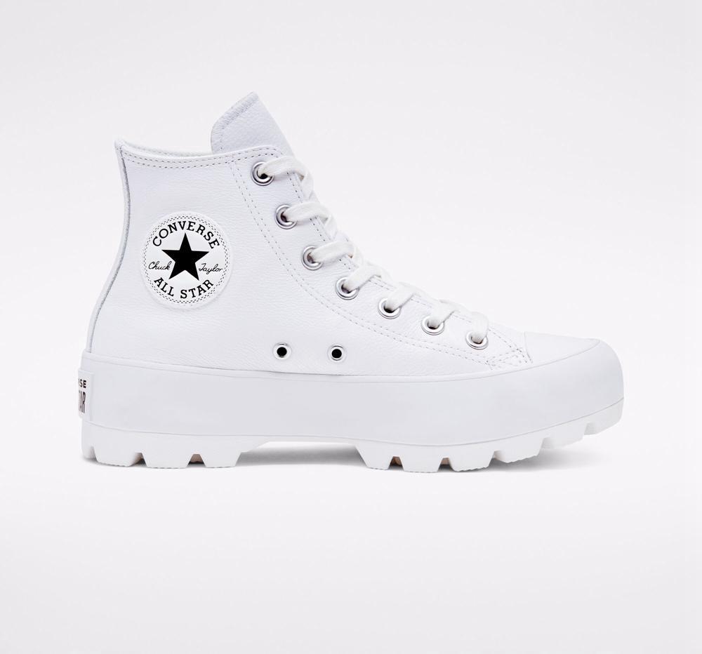 White / Black / White Converse Chuck Taylor All Star Lugged Leather Women's High Tops US | 76398-DYPC