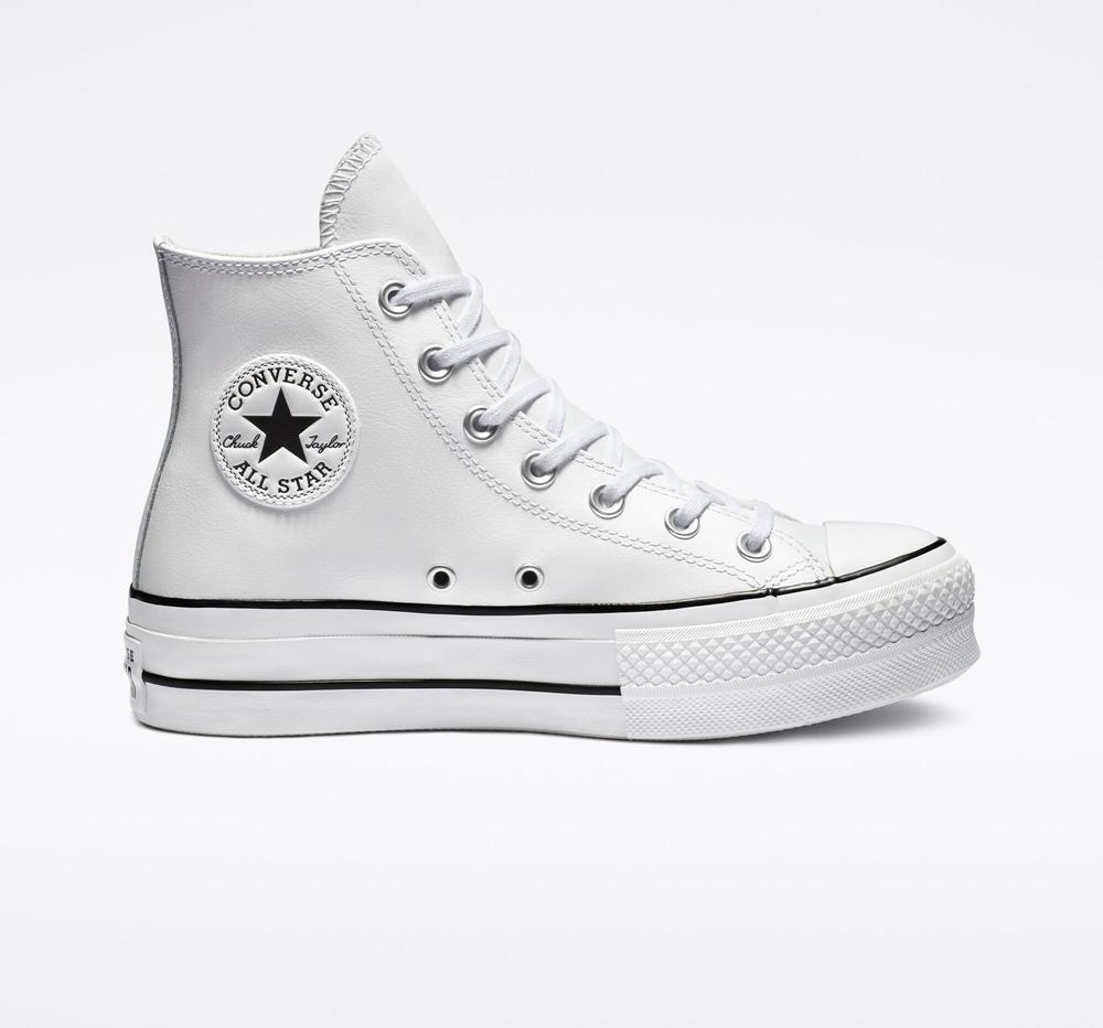 White / Black / White Converse Chuck Taylor All Star Lift Leather High Top Women's Platform Shoes US | 78329-BDXF