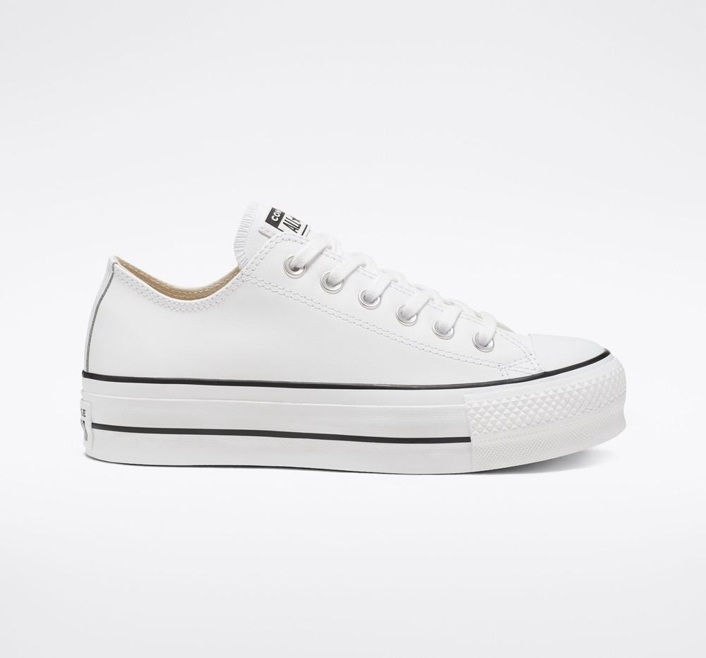 White / Black / White Converse Chuck Taylor All Star Lift Platform Leather Women's Low Tops US | 93418-NXHZ