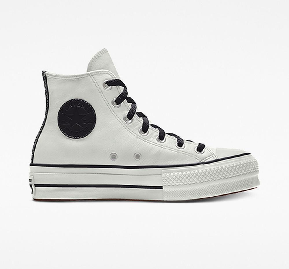 White Converse Custom Chuck Taylor All Star Lift Leather By You Unisex High Top Women's Platform Shoes US | 15970-GTLQ