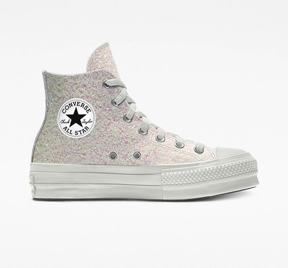 White Converse Custom Chuck Taylor All Star Lift Glitter By You High Top Women's Platform Shoes US | 82049-RBUK