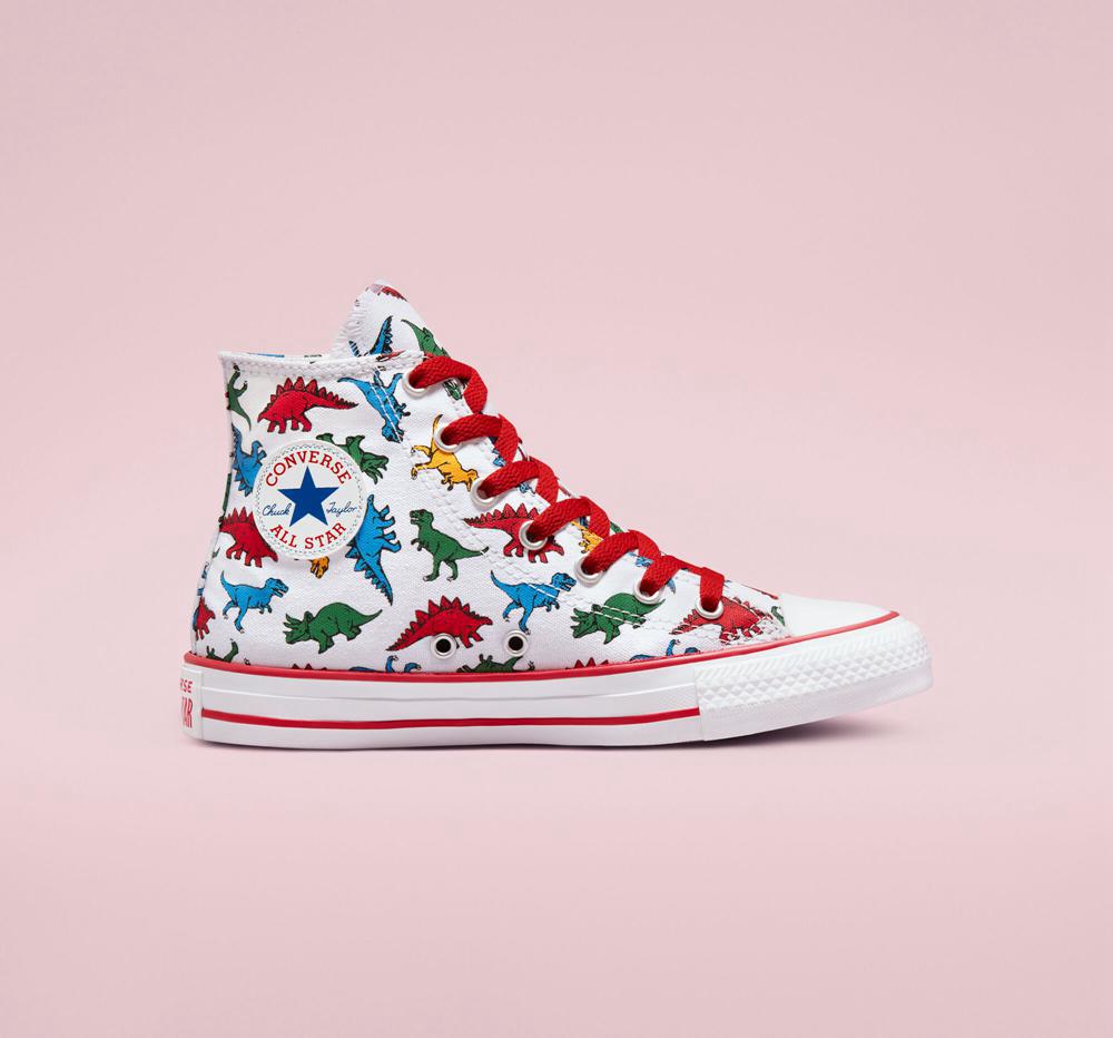 White / Enamel Red / Totally Blue Converse Chuck Taylor All Star Dinosaurs Big Kids Boys' High Tops US | 82045-RDEP