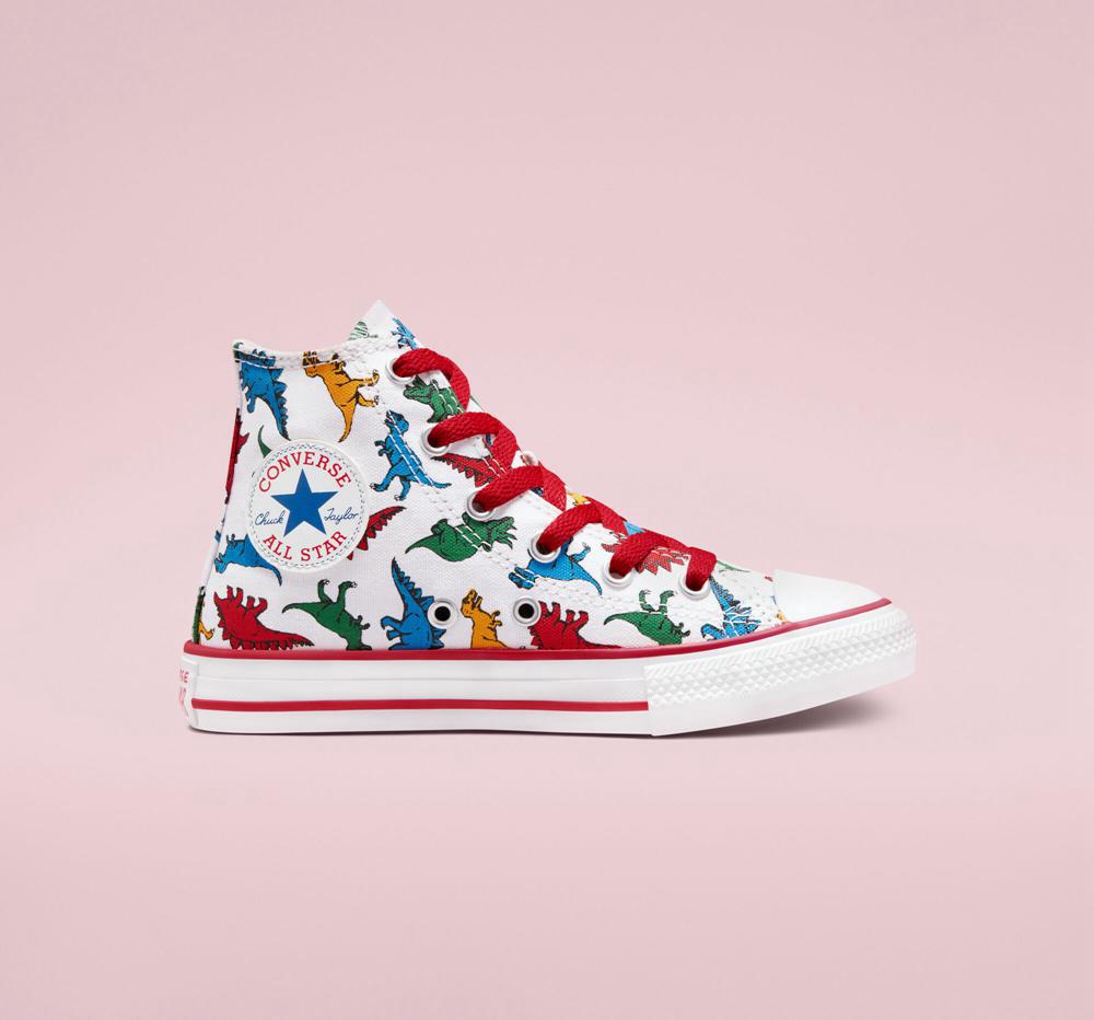 White / Enamel Red / Totally Blue Converse Chuck Taylor All Star Dinosaurs Little Kids Girls' High Tops US | 95416-HUJD