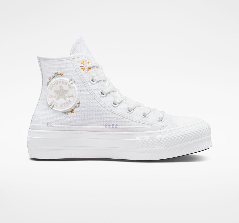 White / Moonstone Violet / Mouse Converse Chuck Taylor All Star Lift Platform Autumn Embroidery Women's High Tops US | 17862-HZPX