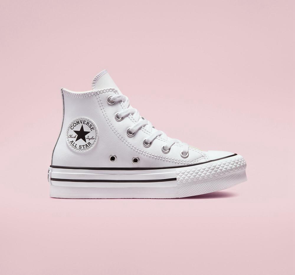 White / Natural Ivory / Black Converse Chuck Taylor All Star Lift Platform Leather Little Kids Boys' High Tops US | 25689-WYPN