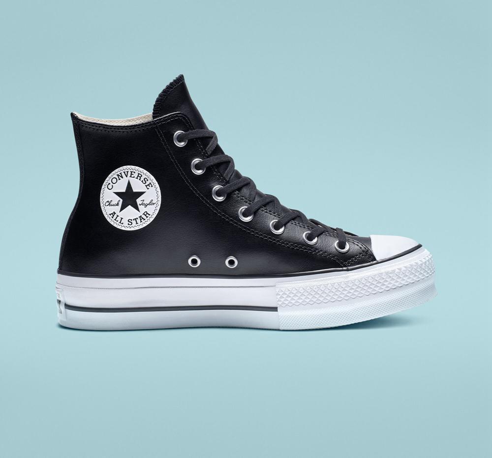 Black / Black / White Converse Chuck Taylor All Star Lift Leather High Top Women\'s Platform Shoes  US |  60597-HWYI