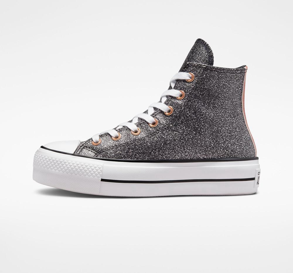 Black / Copper / White Converse Chuck Taylor All Star Lift Metallic Glitter High Top Women's Platform Shoes  US |  87950-QNZM