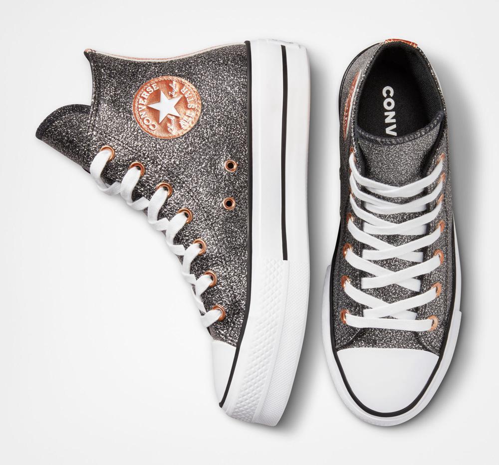 Black / Copper / White Converse Chuck Taylor All Star Lift Metallic Glitter High Top Women's Platform Shoes  US |  87950-QNZM