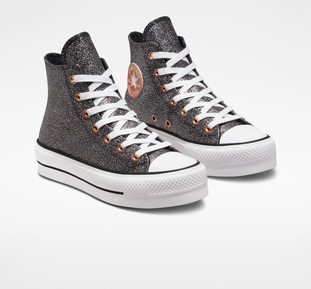 Black / Copper / White Converse Chuck Taylor All Star Lift Metallic Glitter High Top Women's Platform Shoes  US |  87950-QNZM