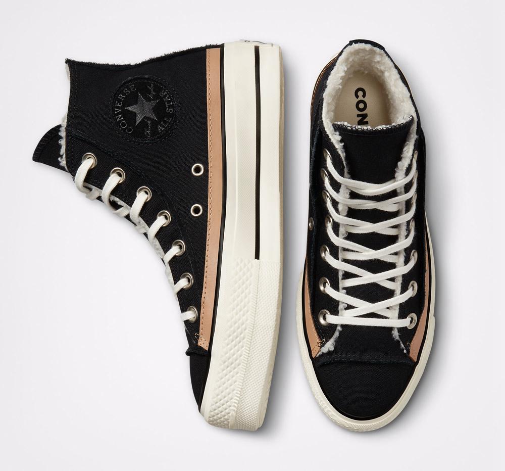 Black / Egret / Champagne Tan Converse Chuck Taylor All Star Lift Raw Edge High Top Women's Platform Shoes  US |  63750-YKFJ